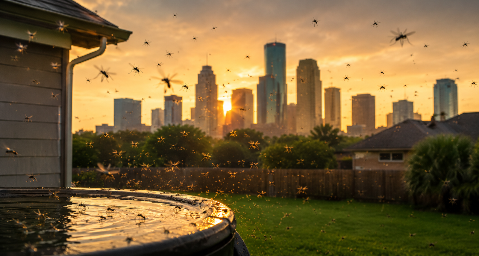 Houston summer mosquito infestation with mosquitoes flying over a residential backyard, representing common warm-weather pest problems in Katy, Houston, and Sugar Land, Texas.
